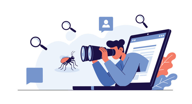 Digital security professional examining software for malware detection and bug identification processes