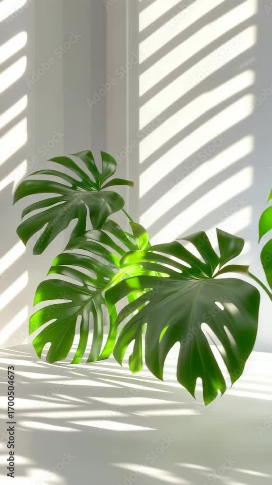 Poster bright sunlight filters through slatted blinds, creating a pattern of shadows on a green plant in a 