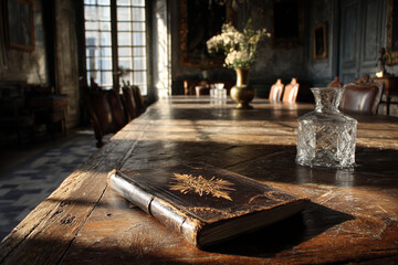 An old, antique book on a rustic wooden table, with sunlight streaming in. This concept represents knowledge, history, tradition, and the value of classic literature.