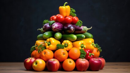 Colorful pyramid of fresh fruits and vegetables arranged against a dark background