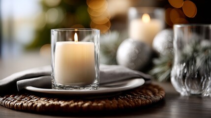 A cozy candle sits elegantly on a woven placemat, surrounded by festive decor, creating a warm and inviting atmosphere.