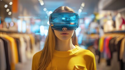 A young woman wearing virtual reality goggles in a clothing store, experiencing an immersive digital environment.