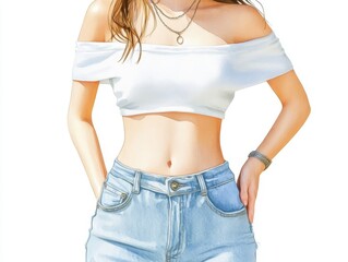 Stylish woman in white top and blue jeans fashionable pose