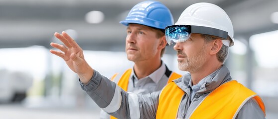 Two construction workers, wearing hard hats and vests, discuss plans while utilizing augmented reality glasses in a modern work environment.