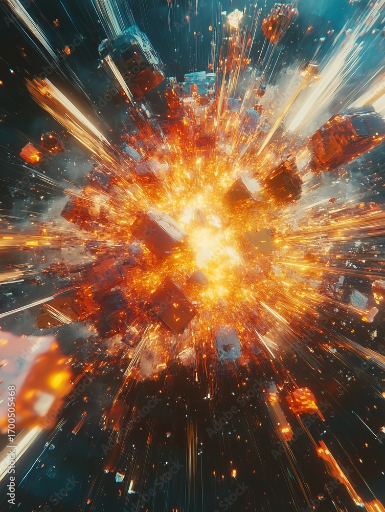 Poster explosive digital core: a dynamic burst of luminous geometric fragments and radiant energy blasting 