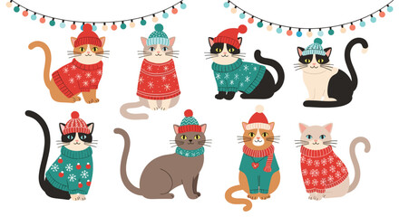 Adorable whimsical cats dressed in festive holiday sweaters and cozy hats