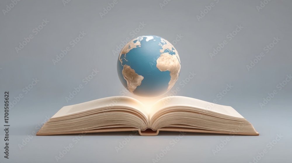 Poster open book with floating globe illustrating knowledge and discovery concept with earth elements and l