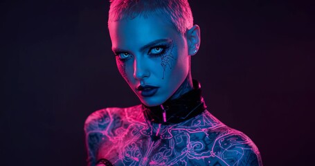 Opening shot showing female model holding gaze in neon studio with leather collar, glowing tattoos - Powered by Adobe
