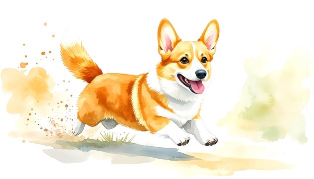Watercolor illustration of a happy corgi running