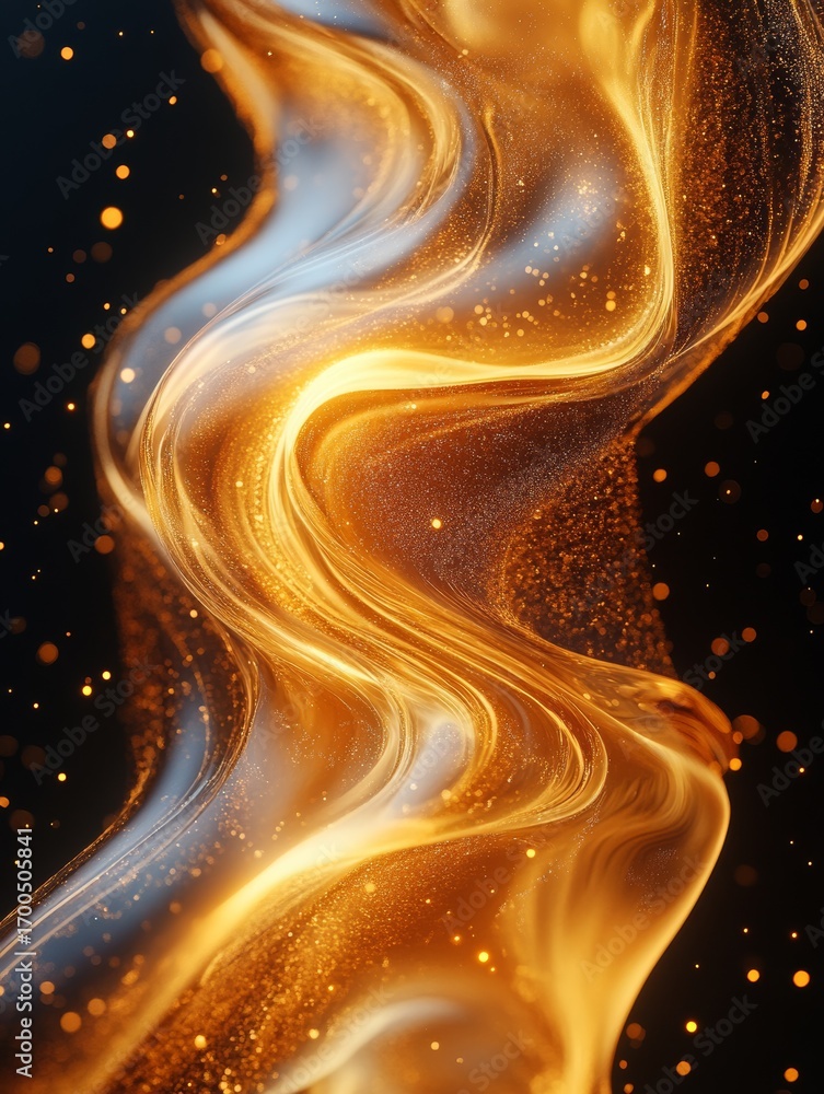 Poster radiant golden swirls and sparkling particles: a dynamic abstract composition of flowing luminous wa
