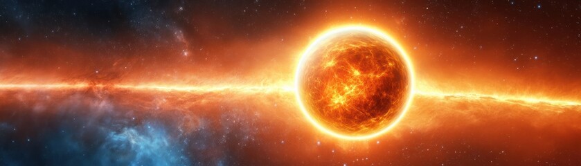 Obraz premium A vibrant depiction of a sun radiating intense heat and light, surrounded by cosmic elements in a stunning space backdrop.