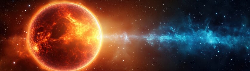 A vibrant cosmic scene featuring a fiery sun radiating heat and light, with a swirling blue nebula creating a striking contrast against the dark universe.