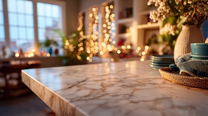 A cozy kitchen scene featuring a marble countertop, decorative plates, plants, and soft lighting from string lights, creating a warm atmosphere.