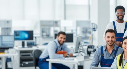 Obraz premium Team of diverse engineers in workwear smiling. Happy multi ethnic workers standing together in modern office. Corporate well being and professional growth.