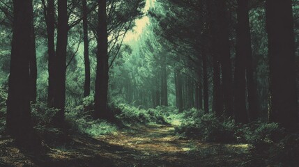 Obraz premium A serene forest path illuminated by soft sunlight filtering through tall trees.