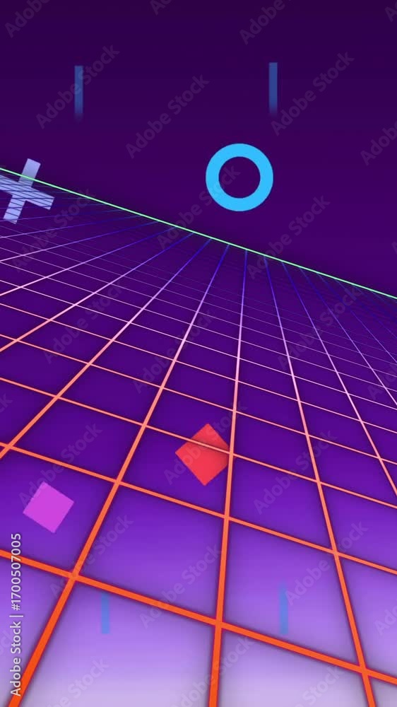 Aufkleber animation of multicolored geometric shapes and grid pattern over black background