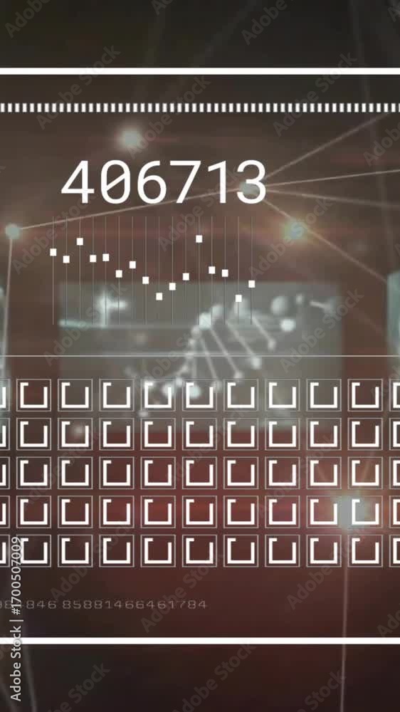 Poster animation of data processing and network of connections on black background