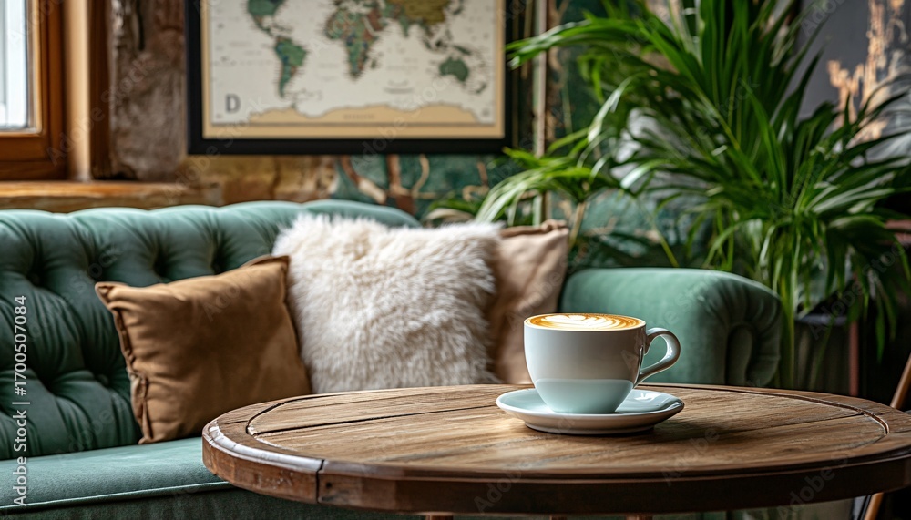 Poster the image shows a latte with leaf design in a white cup, set on a rustic wooden side table next to a