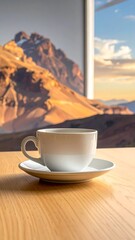 A white coffee cup and saucer sit on a light wooden table, overlooking a blurred view of golden mountains and a sunrise sky.