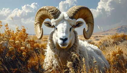 A majestic white ram with large, ornate horns gazes directly at the camera, nestled amidst golden, tall grasses in a sun-drenched open landscape.