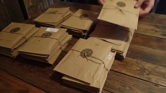 Stacks of brown paper packages tied with twine on a wooden table