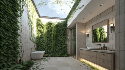 Secret Garden Bathroom – Floor-to-ceiling ivy walls with skylight above.