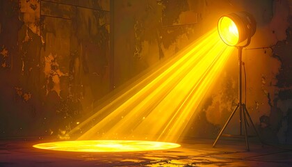 A powerful spotlight illuminates a dusty, aged interior, casting a radiant golden glow on the ground.