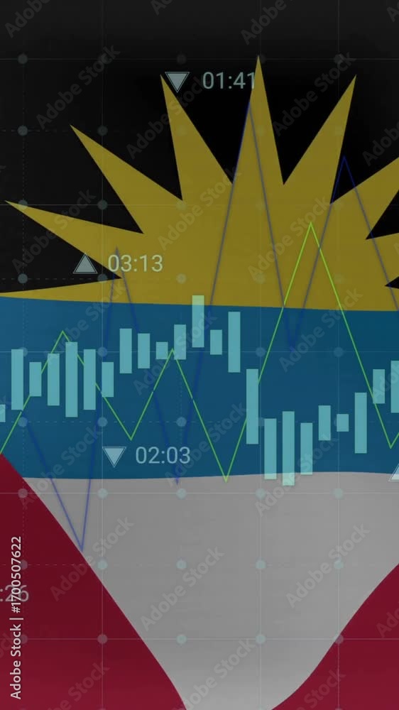 Poster animation of graphs processing data over flag of antigua and barbuda