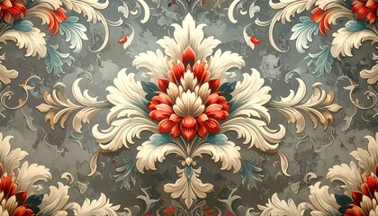 A sophisticated, intricate design showcases a rich tapestry of ornate floral motifs, set against a textured backdrop of muted greys and creams.