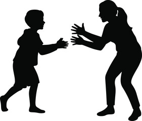 Black silhouette of adult and child interacting, communication, guidance, parenting, family relationship, teaching, support, care, isolated vector illustration design