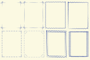 Set of Hand-Drawn Decorative Frames with Scissors and Zigzag Edges. Perfect for scrapbooking, invitations, and craft projects. Soft blue lines on a light background for subtle elegance.