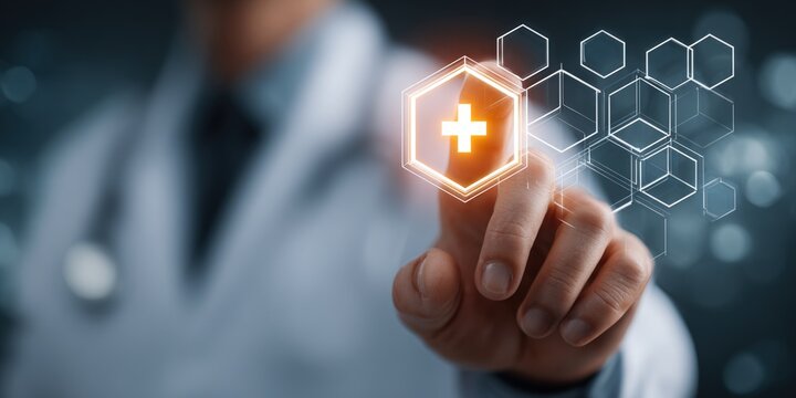 A doctor in a lab coat touches a glowing digital health symbol overlaid on a blurred background
