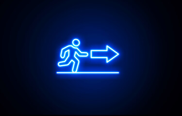Neon glowing blue color emergency exit icon on black background. Man running out, fire exit. Bright Emergency exit sign. Emergency exit. Safety symbol. Escape help evacuation icon