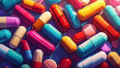 Vibrant array of colorful pills and capsules arranged in a dynamic, graphic design.