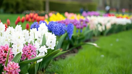 A variety of spring flowers in full bloom create a stunning display in garden beds, featuring vibrant colors and lush greenery