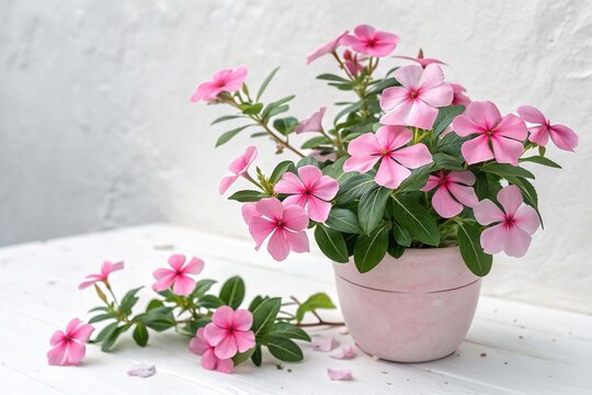 Blooming catharanthus pink in pot on white background