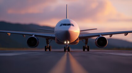 Naklejka premium high-resolution photo realistic aeroplane on runway during golden hour