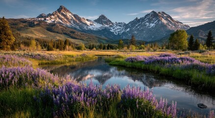 Majestic mountain range with snowcaps reflected in a tranquil river, surrounded by wildflowers
