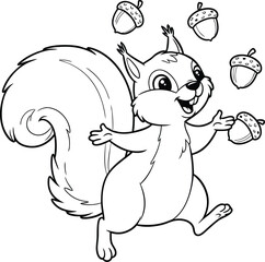 Obraz premium Cartoon squirrel character joyfully jumping with acorns black and white illustration