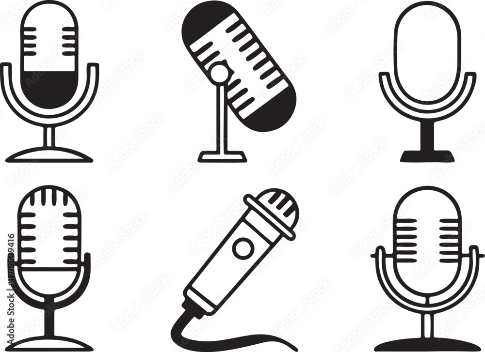 Poster Variant types podcast microphone mike speak flat line art vector icons set