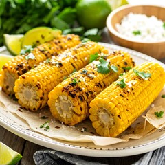 Deliciously grilled corn on the cob, seasoned with salt and garnished with fresh cilantro, sits attractively on a plate.