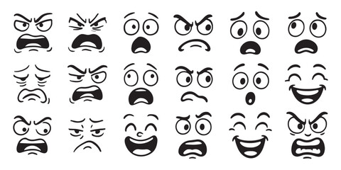 Hand drawn cartoon face expressions set featuring happy, sad, angry, surprised, and funny emotions in a bold comic style, isolated on white background vector illustration