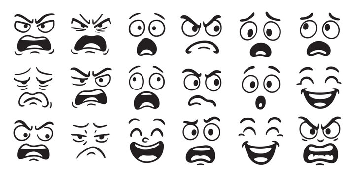 Hand drawn cartoon face expressions set featuring happy, sad, angry, surprised, and funny emotions in a bold comic style, isolated on white background vector illustration