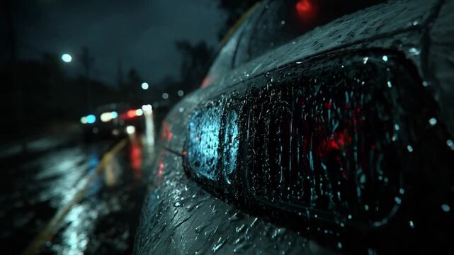Rainy Night Pursuit: A close-up view captures the intensity of a car chase on a rain-slicked road, the taillight reflecting the city lights.  The scene is all motion and atmosphere.