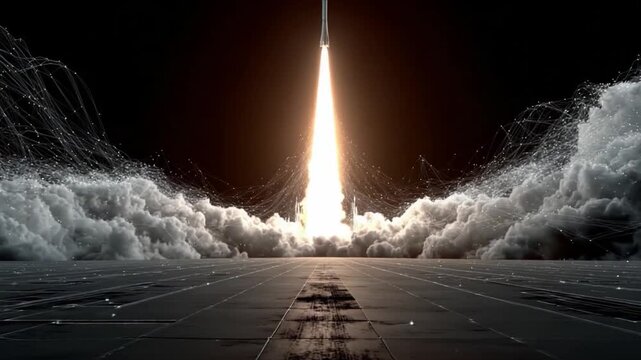 Blast off! A rocket soars into the night sky, leaving behind a trail of billowing smoke. This image captures the beginning of an exciting voyage, a symbol of human's ambitions, exploration.