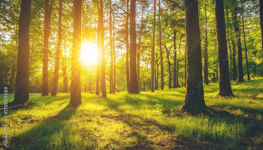 Poster the sun shines brightly through the dense canopy of trees illuminating the forest floor and creating