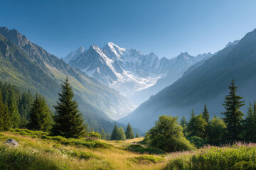 Obraz premium majestic beauty of alps unfolds as towering peaks rise dramatically against clear blue sky