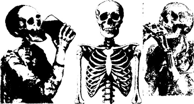 Vintage illustration of skeletons drinking and eating pizza. Unique black and white vector illustration set that showcases humorous character outlines.