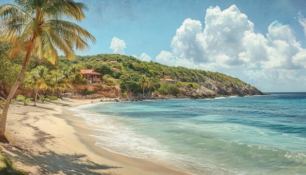 A picturesque beach with light sand, palm trees, and small houses on a lush green hill overlooking a calm ocean with gentle waves.