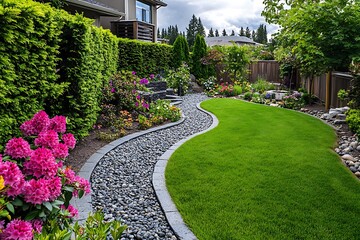 Obraz premium A picturesque garden layout with arching hedge trees, vibrant flower beds, and pebbles framing the edges of each garden section, offering a calm, structured view